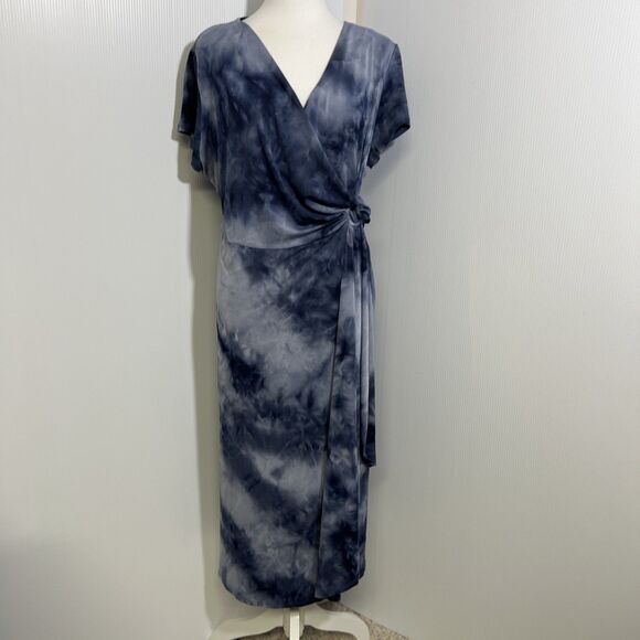 Lane‎ Bryant Size 18 Tie Dye Cloud Wash Wrap Midi Dress Boho Stretch Comfort - Picture 1 of 9